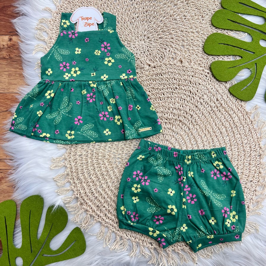  Conj. Regata e Short Floral com Libélulas - Verde 